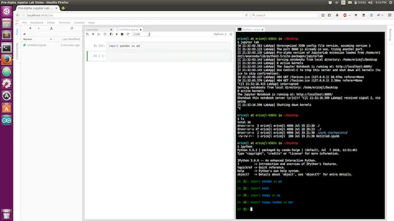 Notebook, IPython console, and an attempt to run Jupyter Lab from the internal IPython console.